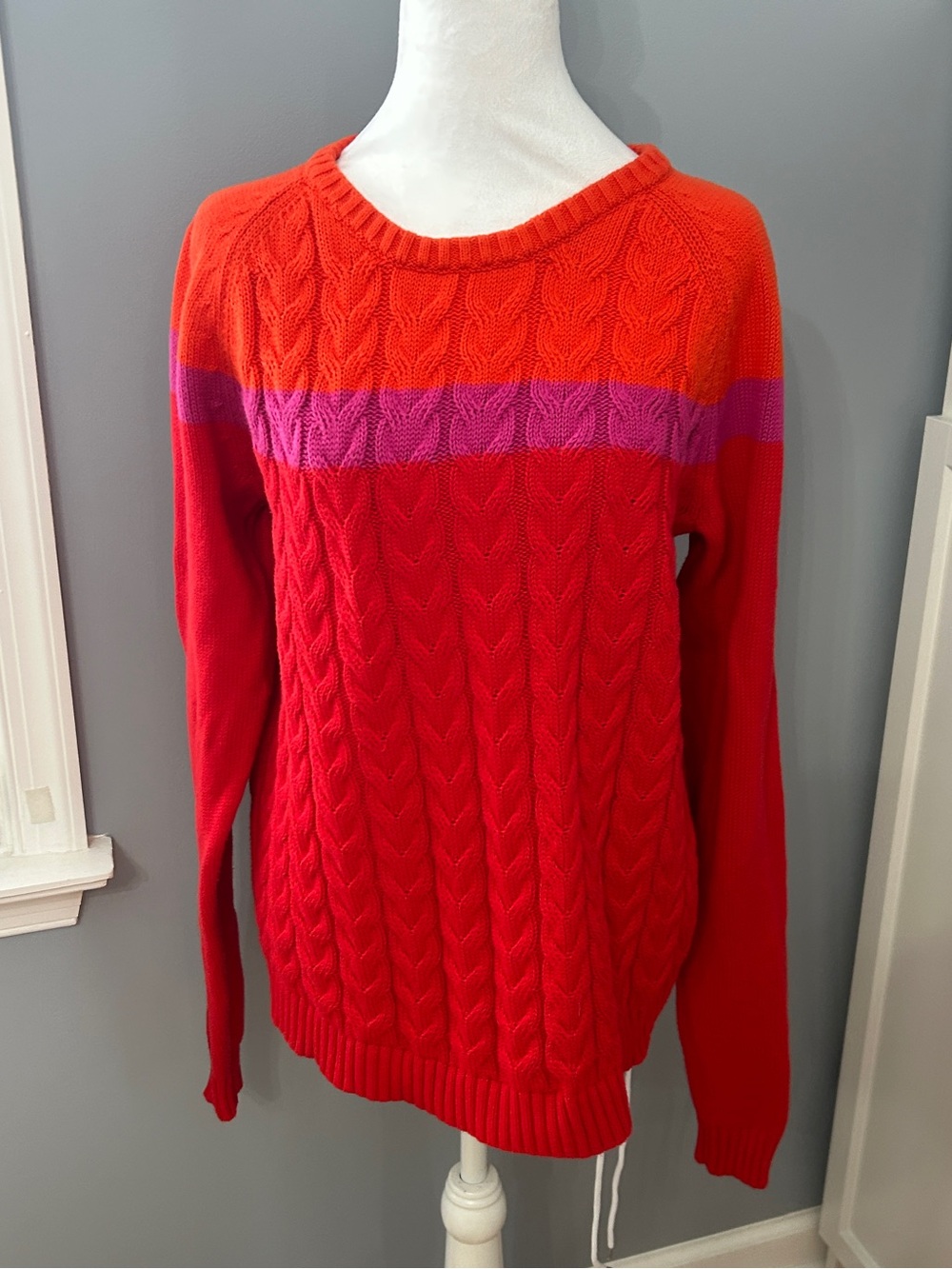 Lands' End Drifter Orange Red Colorblock Cable Knit Cotton Sweater Size Large